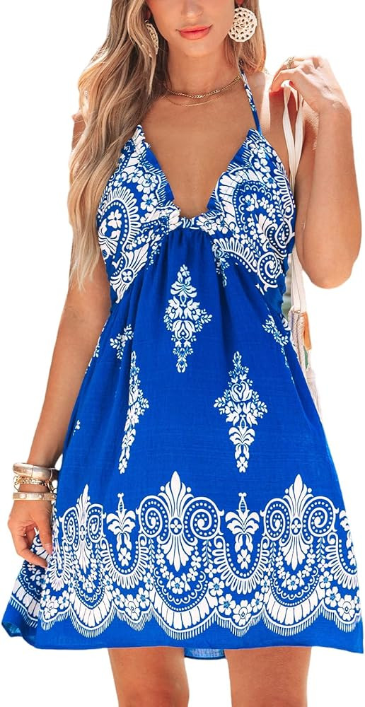 CUPSHE Women's Backless Halter Beach Dress Boho Ruffle Plunge V Neck Mini Sundress Summer Dresses | Amazon (US)
