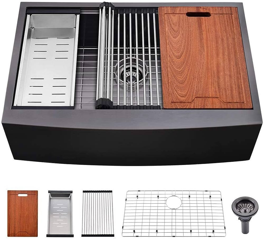 33 Inch Black Farmhouse Sink Workstation-Bokaiya 33x22 Farmhouse Kitchen Sink Gunmetal Black Stai... | Amazon (US)