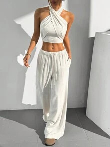 SHEIN EZwear Linen 2pcs/Set Women Solid Color Halter Backless Sleeveless Top And Drawstring Long ... | SHEIN