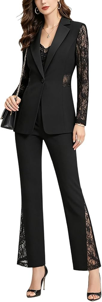 Lamgool Women 2 Piece Suit Sheer Lace Spliced Blazer and Pants Set Party Cocktail Tuxedo Outfit | Amazon (US)