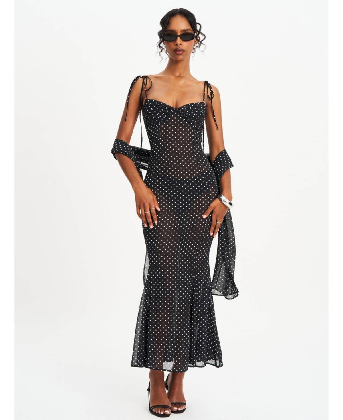 Miss Circle Women's Yadira Black Base Polka Dot Chiffon Maxi Dress - Black polka dot | Macy's