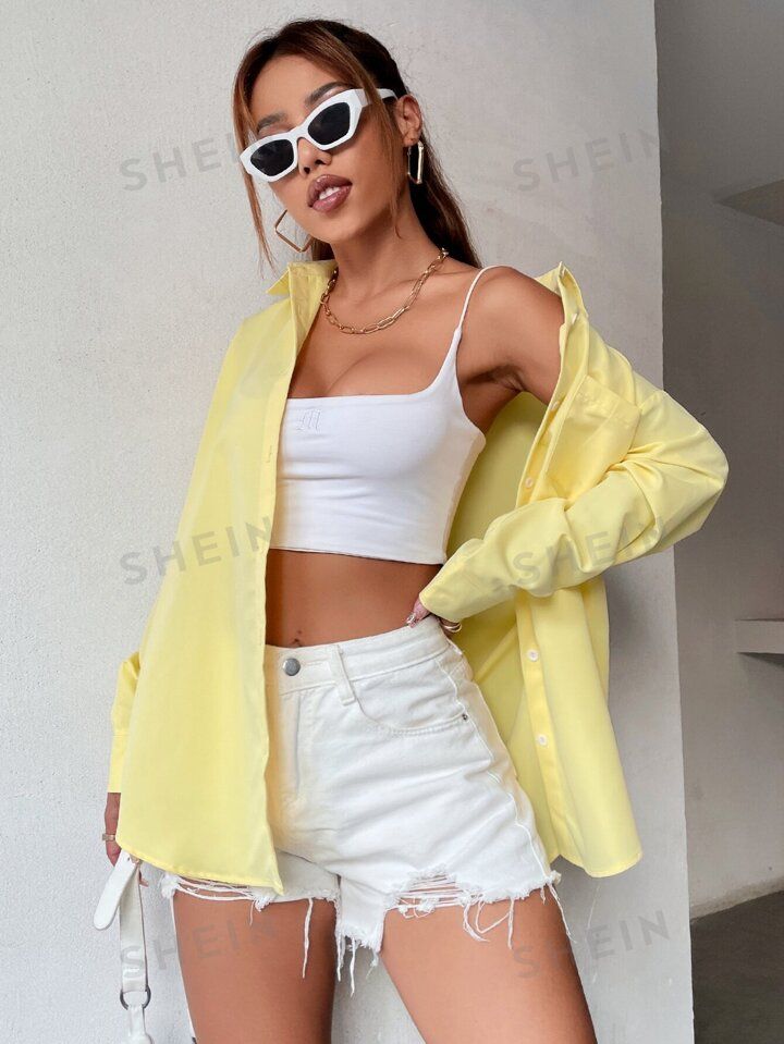 SHEIN EZwear Pocket Patched Drop Shoulder Oversized Shirt | SHEIN