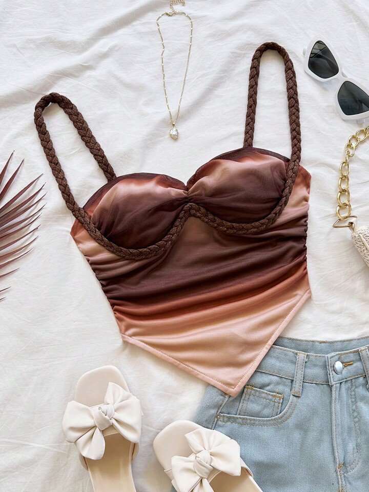 Soleia Women's V-Neck Twist Strap Design Fitted Gradient Color Camisole, Suitable For Vacation, M... | SHEIN