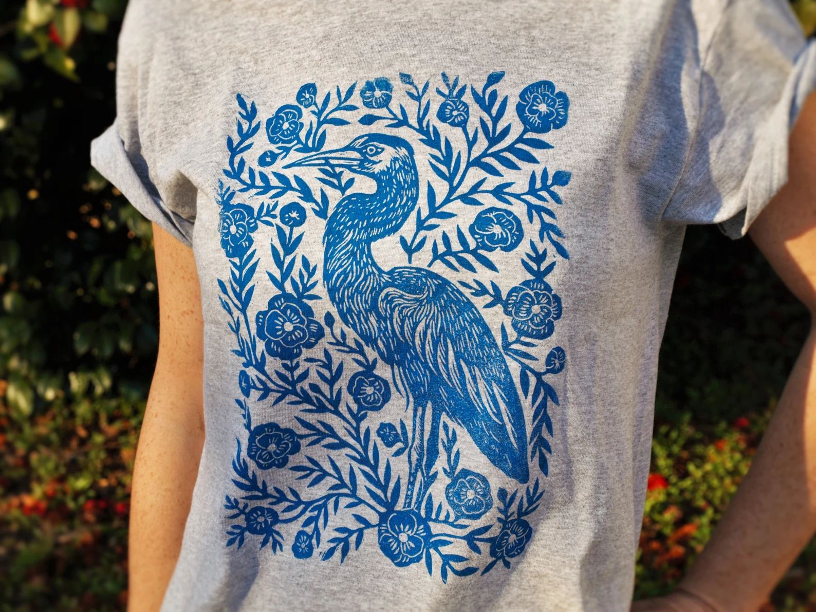 Heron Blossom Block Printed T-shirt  Linocut Shirt  Floral - Etsy | Etsy (US)