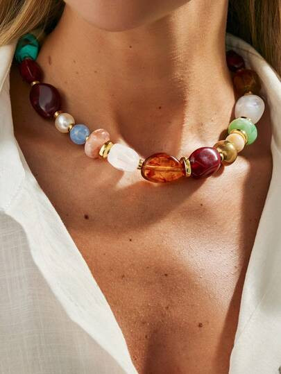 1pc Vintage Bohemian Style Asymmetrical Resin Beaded Necklace, Personalized Fashion Adjustable Charm Necklace, Suitable For Women's Daily Wear, Vacation Decoration, Daily Outfit Matching (Bead Texture And Color May Vary, Subject To Actual Product) - Size one-size | SHEIN