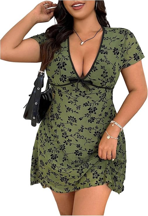SHENHE Women's Plus Size Y2k Floral Mesh Mini Dress Deep V Short Sleeve Fit and Flare Sundress | Amazon (US)