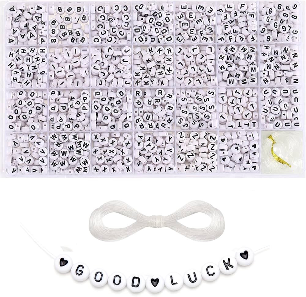 1400 Pieces 4x7mm White Round Acrylic Alphabet Letter Beads A-Z Heart Pattern Beads and Crystal L... | Amazon (US)