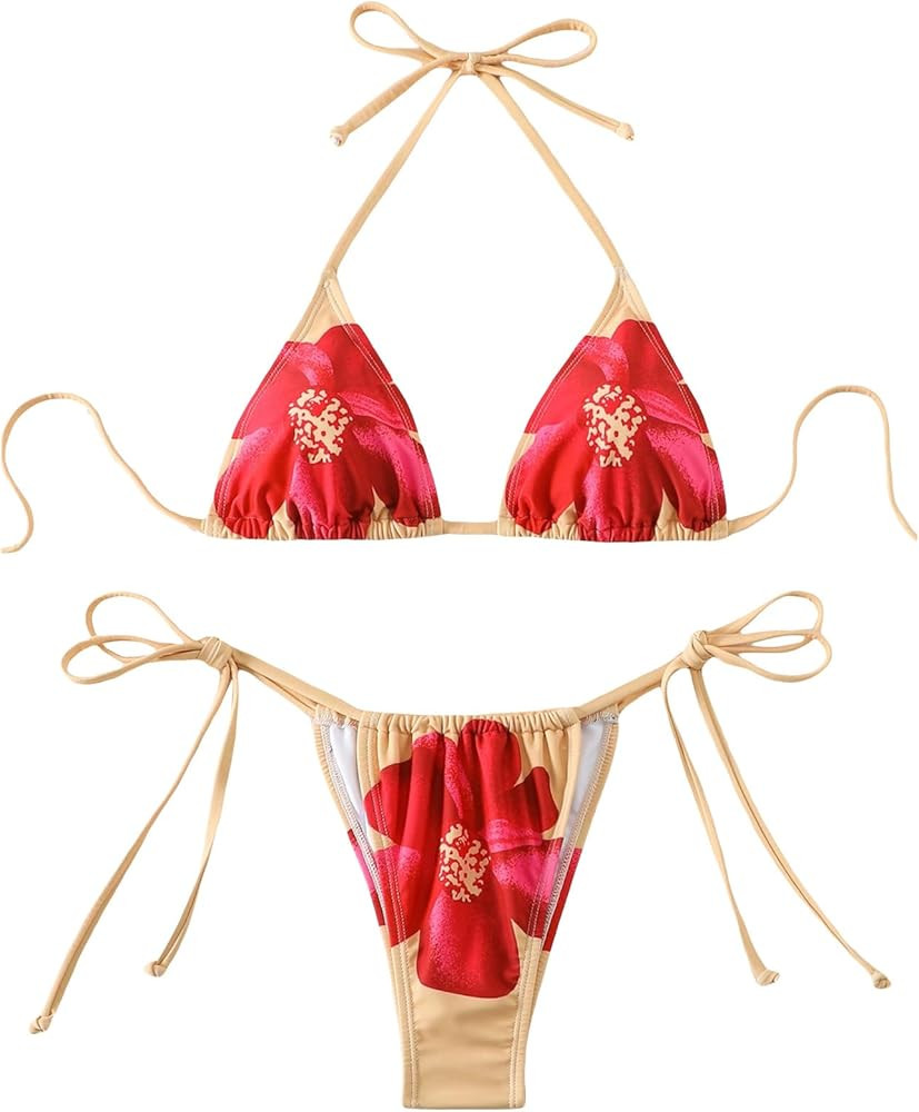 SHENHE Women's 2 Piece Floral Bikini Set Triangle Tie Side Halter Swimwear Bathing Suit | Amazon (US)