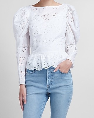 Lace Puff Sleeve Peplum Top | Express