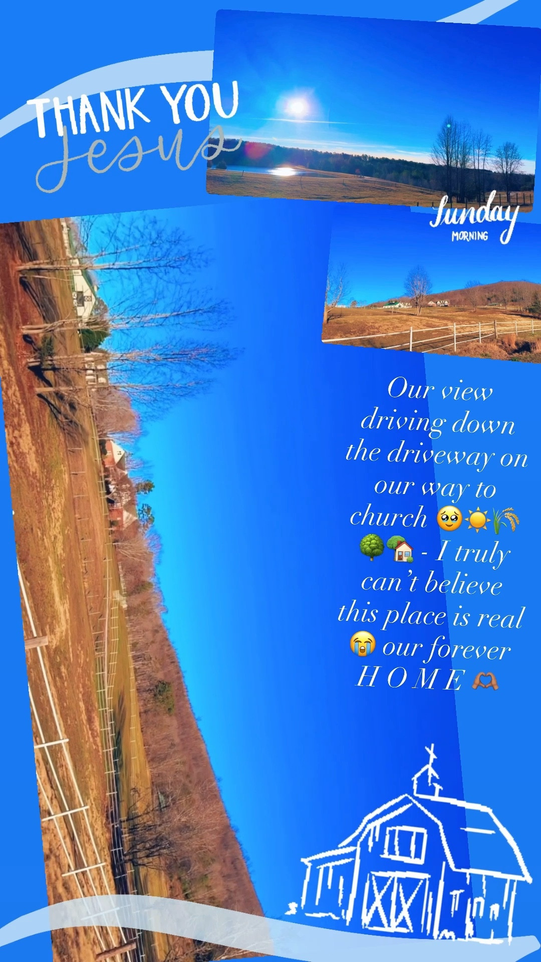 Our view driving down the driveway on our way to church 🥹☀️🌾🌳🏡 - I truly can’t believe this place is real 😭 our forever H O M E 🫶🏽