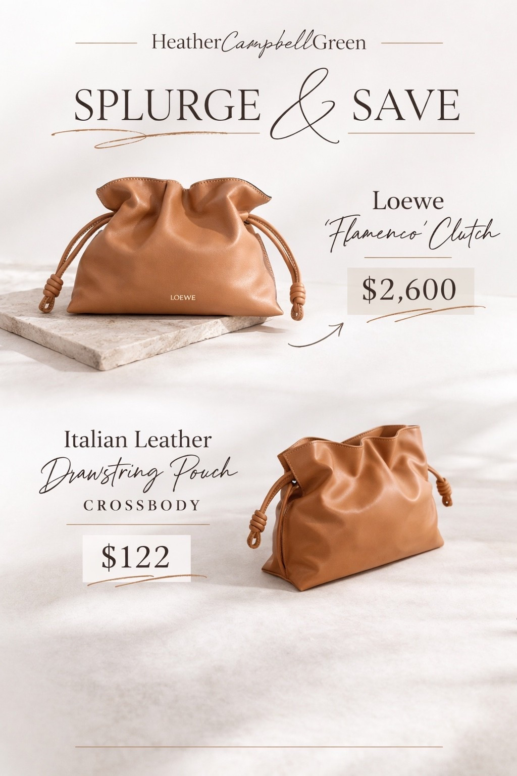 The designer bag everyone keeps asking about right now is the Loewe Flamenco clutch. The soft drawstring shape, buttery leather, and effortless slouch make it one of those pieces that instantly elevates even the simplest outfit.

If you love that same look but want a more approachable option, I found an Italian leather drawstring pouch crossbody that gives the exact same relaxed silhouette for a fraction of the price.

This is one of those quiet luxury bag shapes that always looks expensive. Minimal, timeless, and easy to style with everything from denim and a black sweater to a simple blazer and flats.

Tap to shop both the Loewe Flamenco bag and the look-for-less Italian leather version.