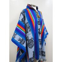 Shamans Hooded Blue With Multicolored Designs Poncho - Andean Mountain Textile | Etsy (US)