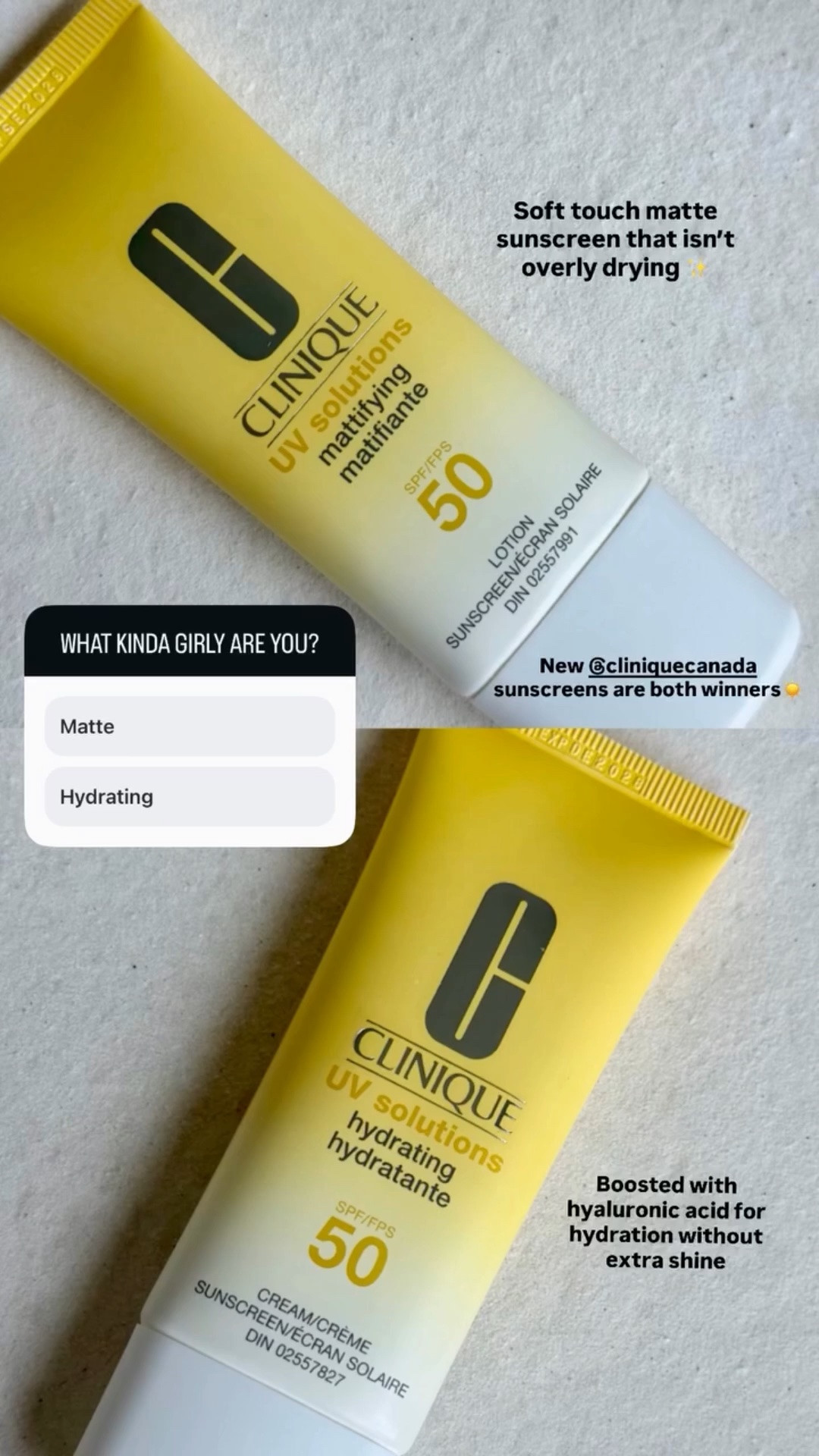 Soft touch matte sunscreen that isn’t overly drying ✨ New @cliniquecanada sunscreens are both winners☀️ Boosted with hyaluronic acid for hydration without extra shine

Me, walking past sunscreen for years because every formula either broke me out or left me ashy 🥲 then Clinique’s new UV Solutions duo showed up and actually gets it.

If you’re oily/combo → the Mattifying SPF 50 controls shine all day, no white cast, finish is genuinely the softest I’ve tried.

If you’re dry/dehydrated → the Hydrating SPF 50 has hyaluronic acid baked in so it’s a moisture boost, not a greasy layer.

Both SPF 50, both broad spectrum, both linked below

#LTKsummer #LTKbeauty #LTKtravel