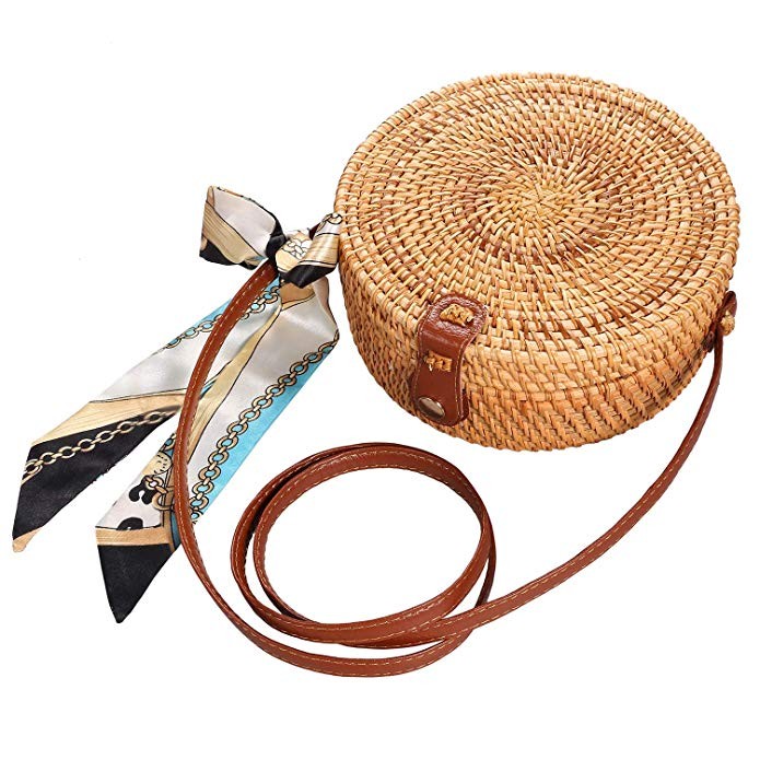 Round Rattan Bags,Handwoven Straw Crossbody Handbag for Women with Shoulder Leather Strap | Amazon (US)