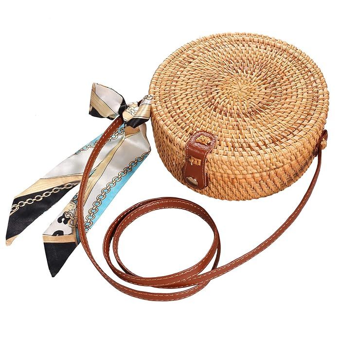 Round Rattan Bags,Handwoven Straw Crossbody Handbag for Women with Shoulder Leather Strap | Amazon (US)