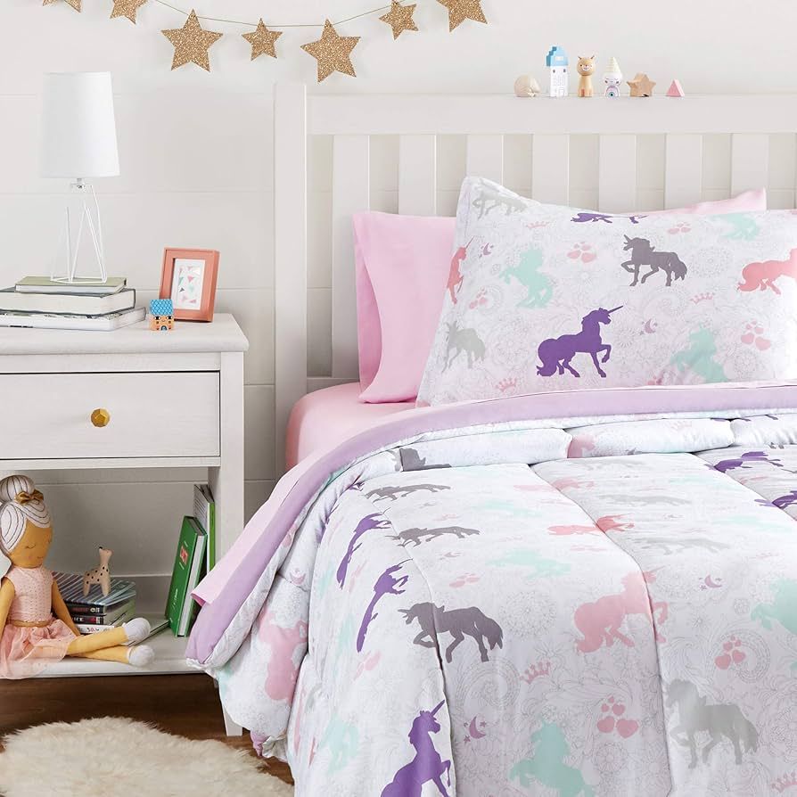 Amazon Basics Kids Bed-in-a-Bag Microfiber Bedding Set, Easy Care, Twin, Purple Unicorns - Set of... | Amazon (US)