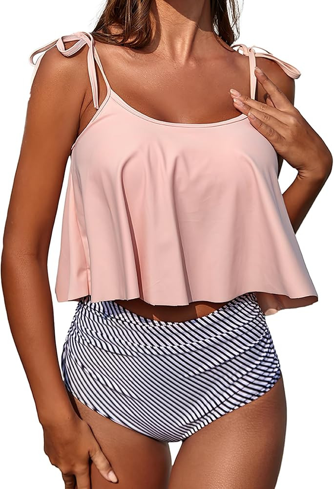 Tankini Bathing Suits for Women Two Piece Swimsuits Tummy Control Bottom Ruffled Flounce Tops Hig... | Amazon (US)