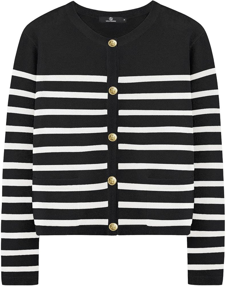 LILLUSORY Women's Striped Cardigan Sweaters Fall Outfits Clothes Fashion Trendy Long Sleeve Tops ... | Amazon (US)