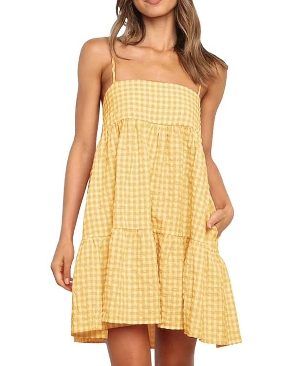 Wenrine Womens Summer Plaid Mini Dress Casual Spaghetti Strap Sleeveless A Line Beach Sundress wi... | Amazon (US)