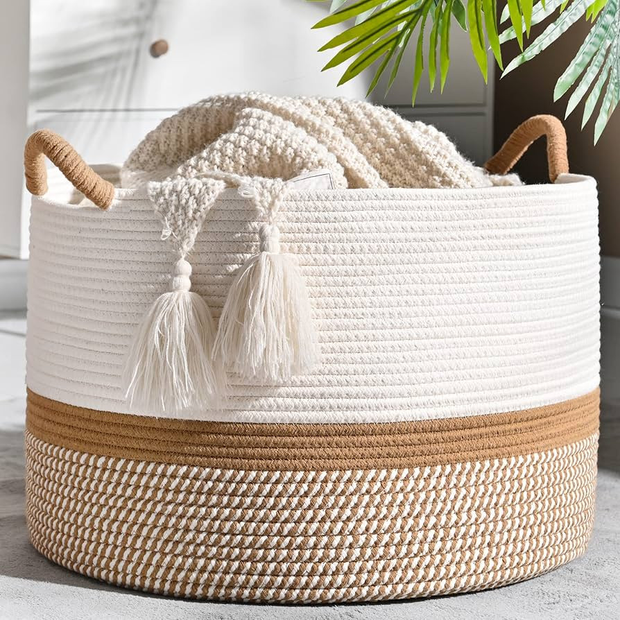 KAKAMAY Large Blanket Basket (20"x13"),Woven Baskets for storage Baby Laundry Hamper, Cotton Rope... | Amazon (US)