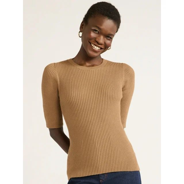 Scoop Women's Rib Knit Sweater with Elbow Length Sleeves, Lightweight, Sizes XS-XXL | Walmart (US)