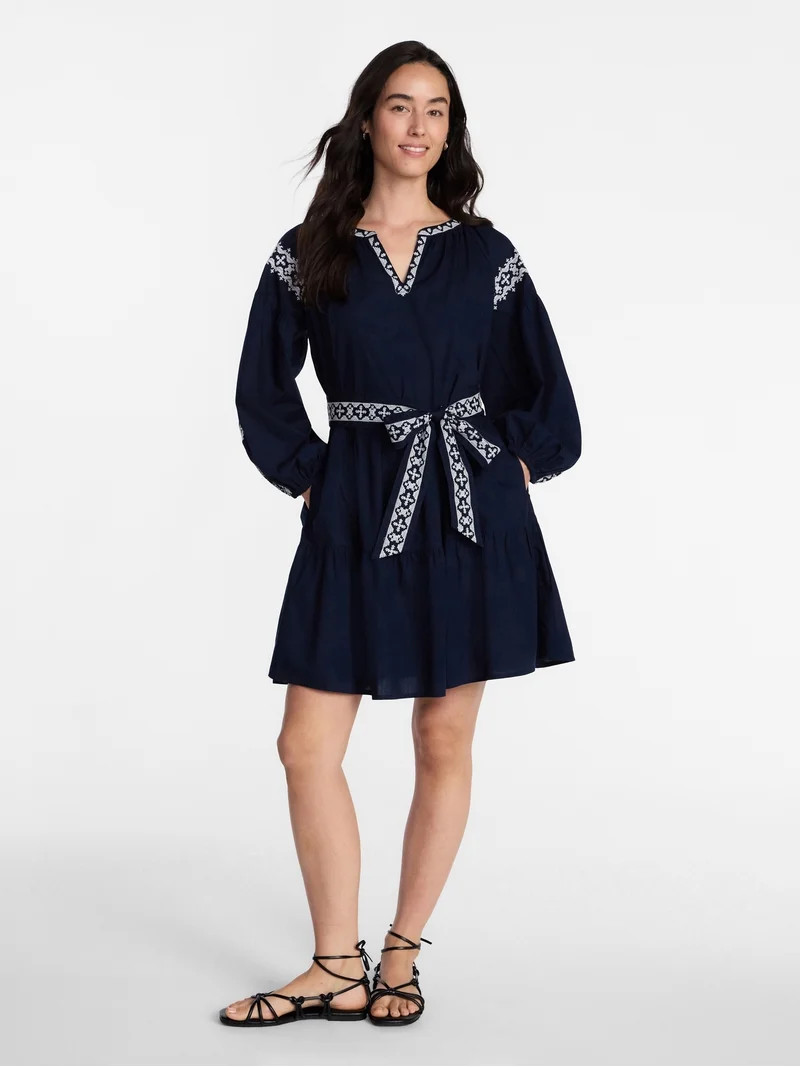 Time and Tru Women's Embroidered Cotton Mini Dress with Long Blouson Sleeves, Sizes XS-XXXL | Walmart (US)