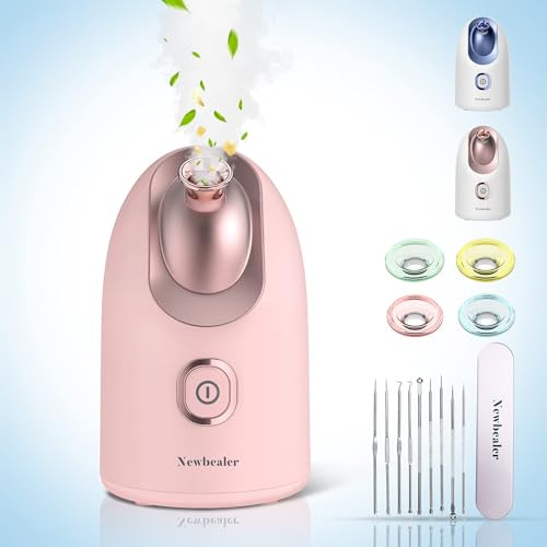 Newbealer Facial Steamer, Mini Aroma Face Steamer, Nano Ionic Hot Mist Facial Humidifier Atomizer, Home Sauna Spa Sprayer Moisturizing Cleansing Pores, 9 Pieces Acne Remover Kit (Pink-Gold, 160ml) | Amazon (US)