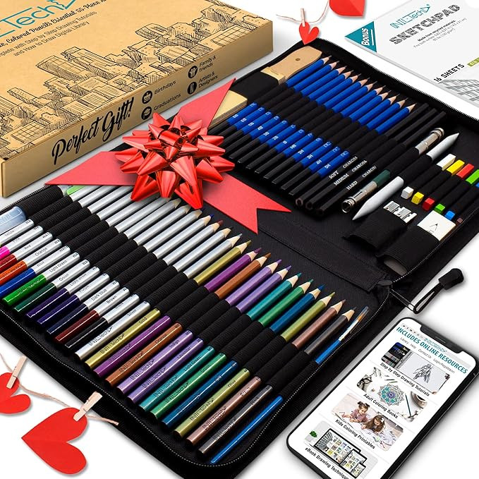 NIL - TECH 55-Piece Drawing Pencil Set – Colored, Graphite & Charcoal Pencils with Case & eBook... | Amazon (US)