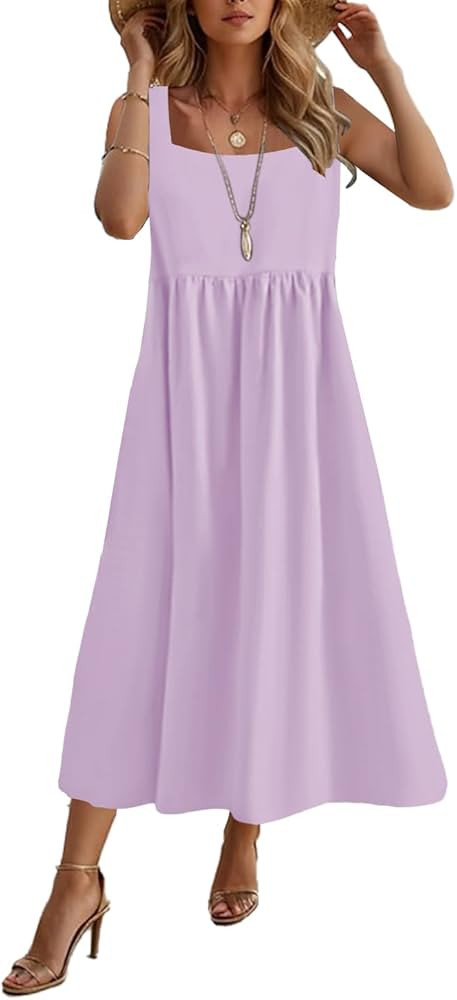 SAUKOLE Womens Summer Square Neck Sleeveless Dress Solid Ruffle A Line Beach Boho Long Maxi Dress... | Amazon (US)