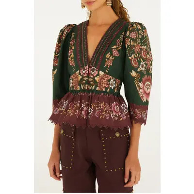 FARM Rio Daniela Floral Cotton Top in Daniela Green at Nordstrom, Size Xx-Small | Nordstrom