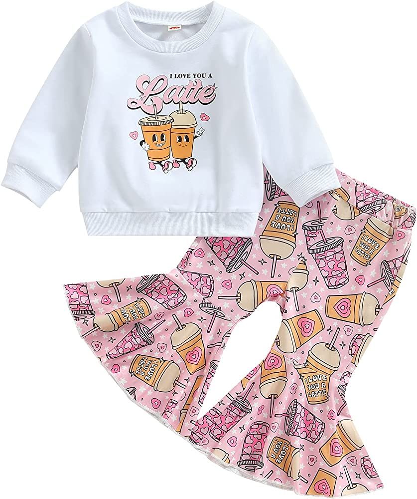 Madjtlqy Toddler Baby Girl Valentine's Day Outfit Letter Print Long Sleeve Sweatshirt Flare Pants Se | Amazon (US)