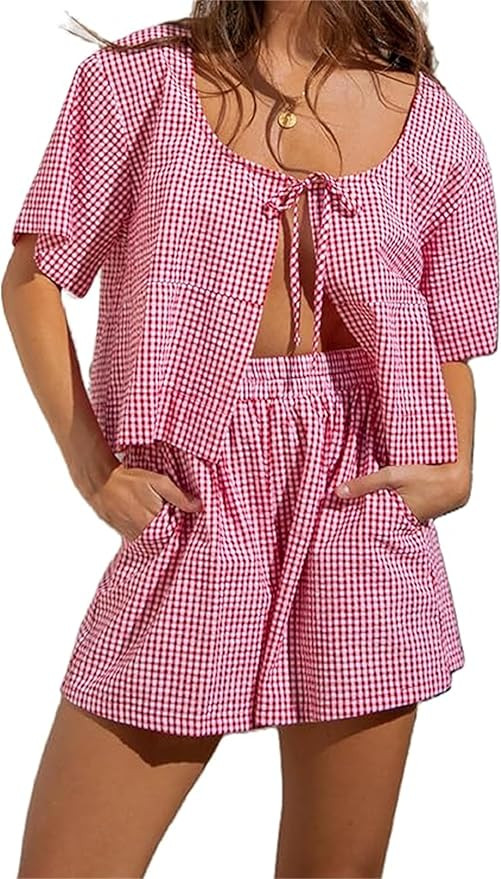 Women Casual Plaid Pajamas Set 2 Piece Lounge Set Short Sleeve Tie Front Shirt High Waist Shorts ... | Amazon (US)