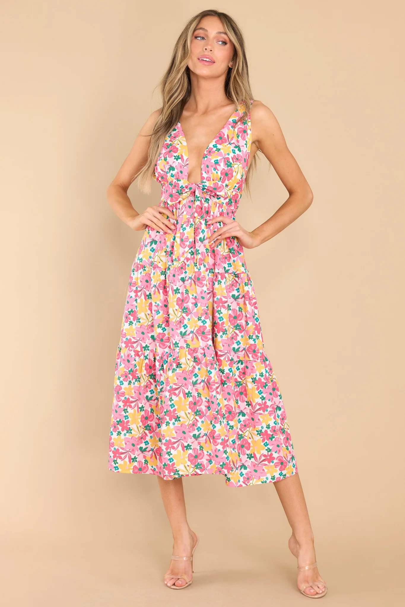 Sweetest Showers Pink Multi Floral Midi Dress | Red Dress 