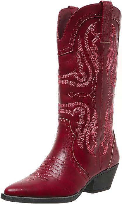 Cowboy Boots for Women Cowgirl Mid Calf Western Boots Embroidered Stitched Pointed Toe Chunky Blo... | Amazon (US)
