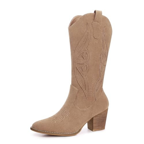 SHIBEVER Cowboy Boots for Women 2026: Womens Western Style Cowgirl Boots Mid Calf High Heeled Pointed Toe Boots Khaki Size 8.5 | Amazon (US)