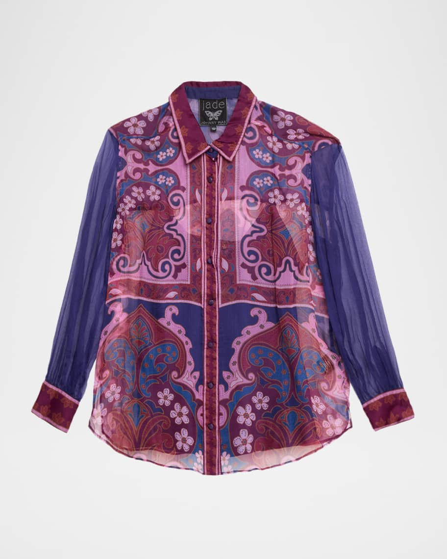 Johnny Was Itzel Floral-Print Silk Chiffon Shirt | Neiman Marcus