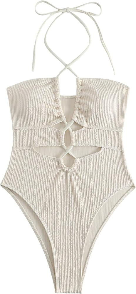 SweatyRocks Women's Criss Cross Tie Back Halter Monokini Swimsuit One Piece Cut Out Tummy Control... | Amazon (US)