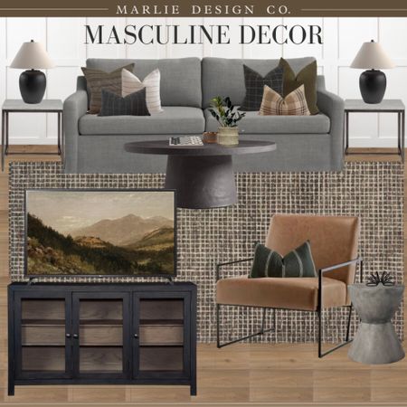 Masculine Living Room | gray sofa | pillow cover combos | McGee and co cabinet dupe | media cabinet | checkered rug | moody rug | living room rug | boy living room | boy apartment | marble side table | pedestal coffee table | leather chair | drum side table | black lamp | Wayfair sale | Wayfair | frame tv art | checkerboard | planter | candle | living room | living room decor | coffee table | coffee table styling 

#LTKsalealert #LTKfindsunder100 #LTKhome