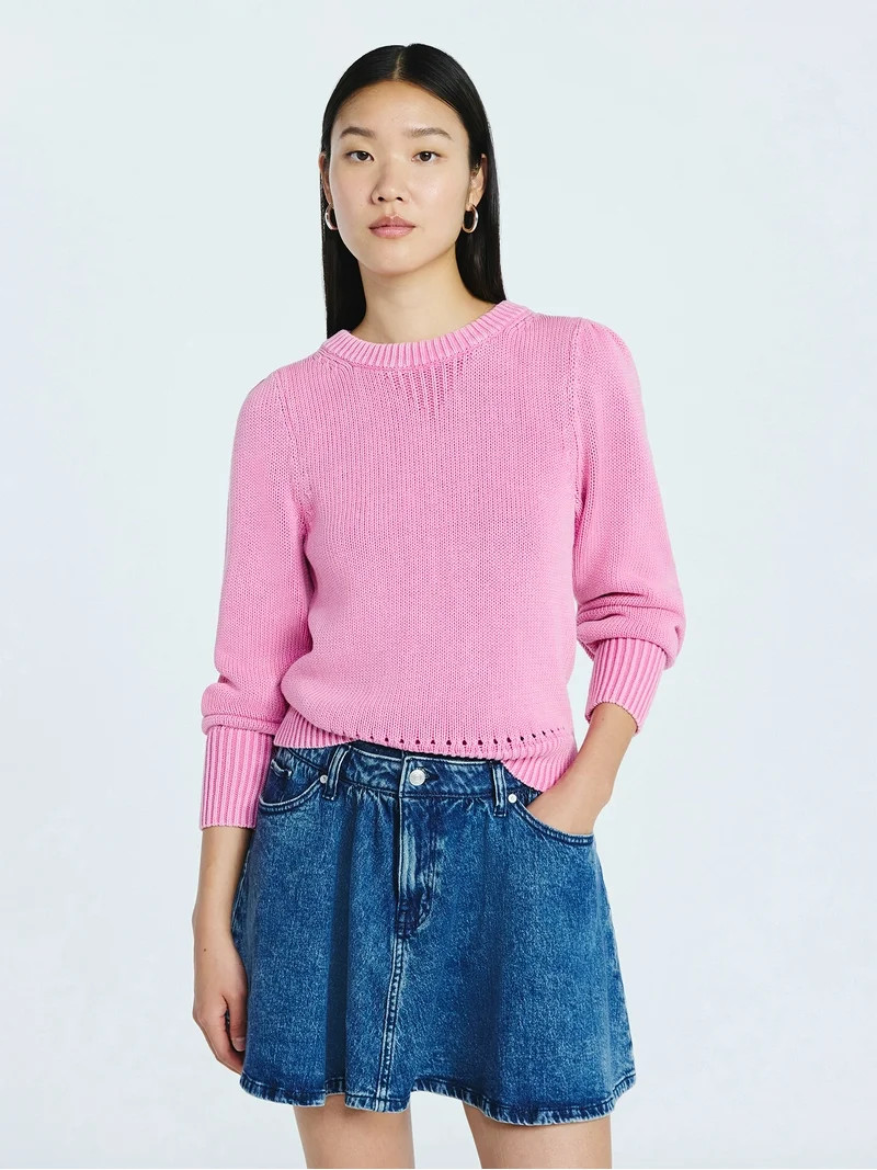 Scoop Women’s Acid Wash Cotton Sweater with Long Puff Sleeves, Midweight, Sizes XS-XXL | Walmart (US)