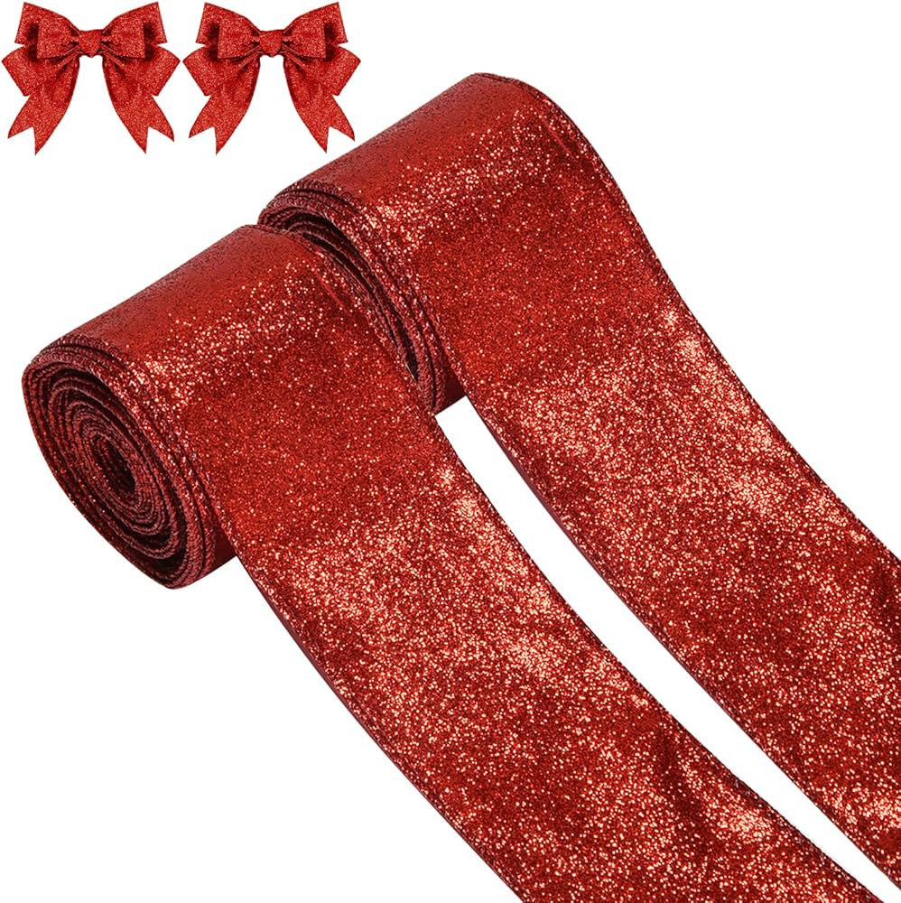Amazon.com: 2 Rolls 20 Yards Christmas Ribbon Metallic Glitter Ribbon for Gift Wrapping, Red Shin... | Amazon (US)