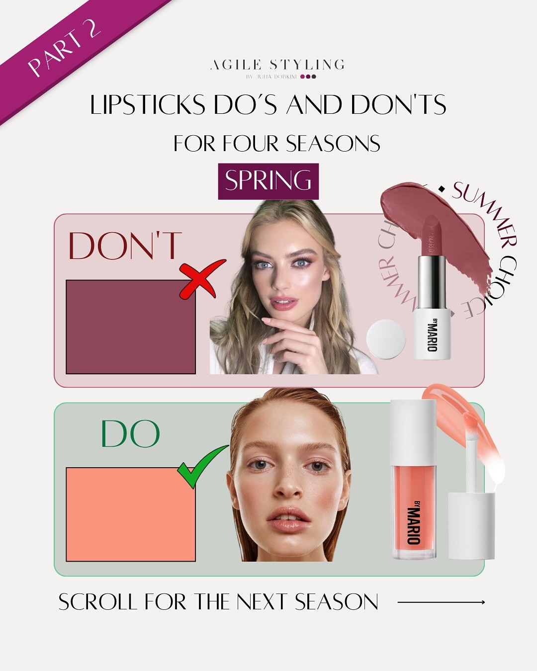 💄 LIPSTICK Do’s and Don’ts for Your Season — Part 2!

Finding the right lipstick shade isn’t just about picking a pretty color—it’s about choosing the one that enhances your natural beauty. And the right finish plays a huge role too!

✔ Spring & Winter: Glossy finishes work best, adding freshness and vibrancy to your look. Think of juicy, radiant lips that bring light to your face.
✔ Summer & Autumn: Matte finishes create a polished, sophisticated effect, harmonizing with the softness of summer and the richness of autumn.

❌ Wearing the wrong tones can make your skin look DULL, washed out, or too harsh. A color that works beautifully for one season may completely throw off the balance for another!

🔎 Not sure which shades are YOUR perfect match? My Essential Trio will guide you in choosing the best lipstick, makeup, and wardrobe colors for your unique palette.

📌 Save this guide & let me know which lipstick shades you struggle with the most!

❤️‍🔥 Shop for your colors on my LTK store with the link in bio! And let me know your guesses on the quiz — the results will be on stories!

#colormatching #lipstickguide #makeupcolors #coloranalysis #beautytips