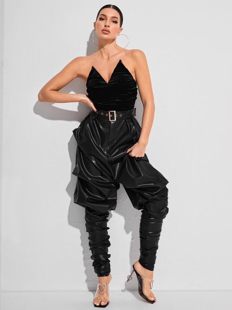 SHEIN X GAUTII Ruched Front PU Leather Stacked Tube Jumpsuit With Belt | SHEIN