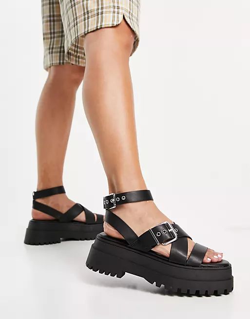 Public Desire Follow chunky sandals with ankle strap in black | ASOS (Global)