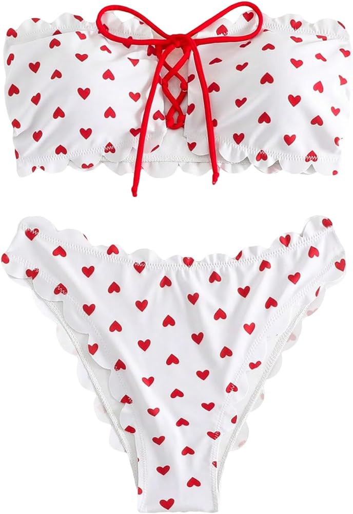 SweatyRocks Women's Strapless Heart Pattern Lace Up Knot Front Scallop Trim Bandeau 2 Piece Bikin... | Amazon (US)