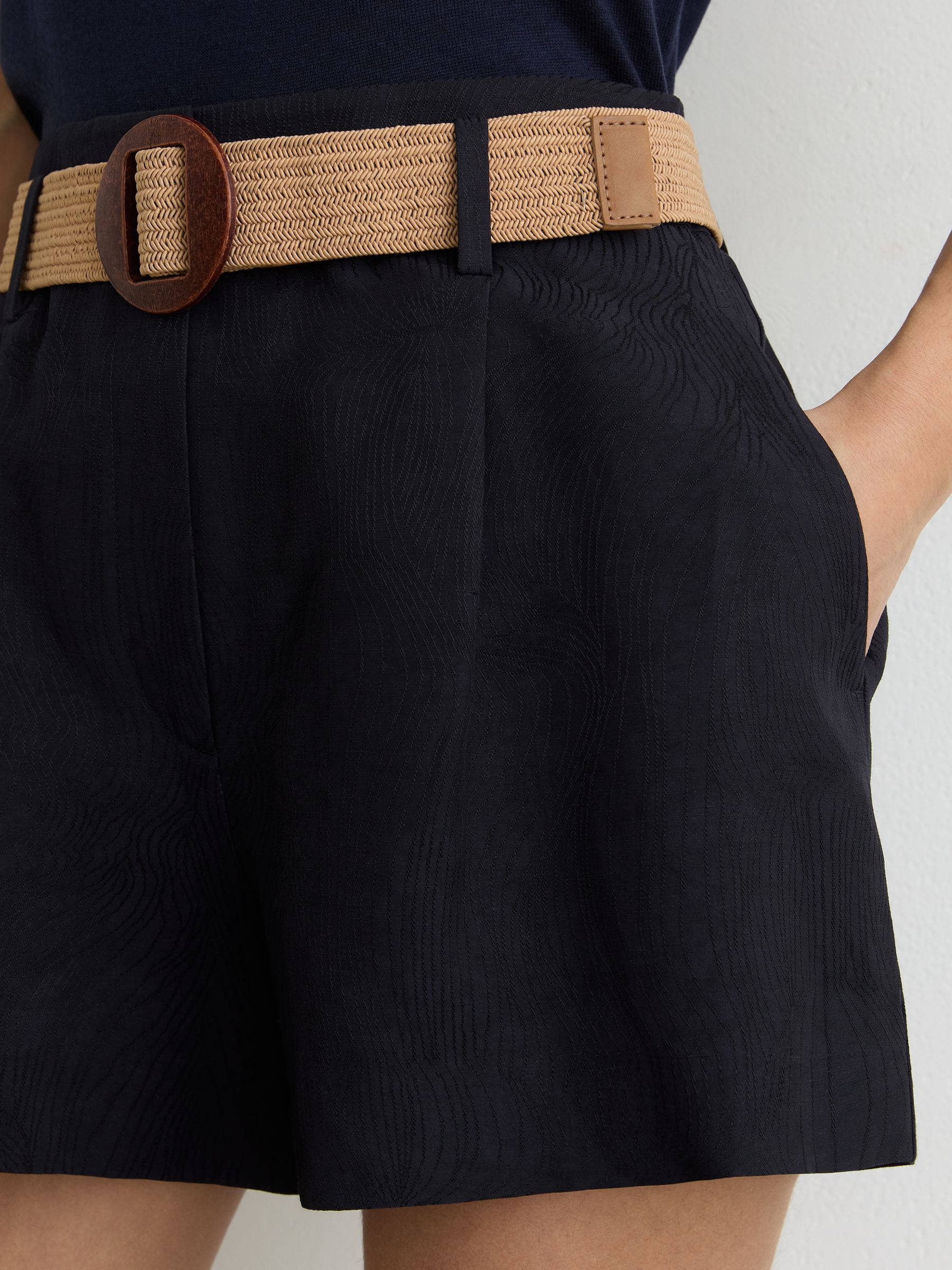 Reiss Jacquard Belted Shorts with Linen in Navy - REISS | Reiss UK