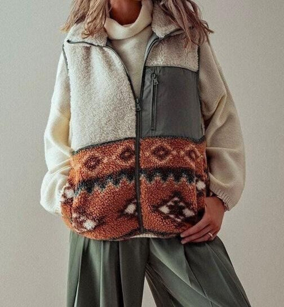 Cozy Sherpa Long Zip up Vest, Solid Aztec Print Combo, Side and Left Chest Pocket, Full Lining, S... | Etsy (US)