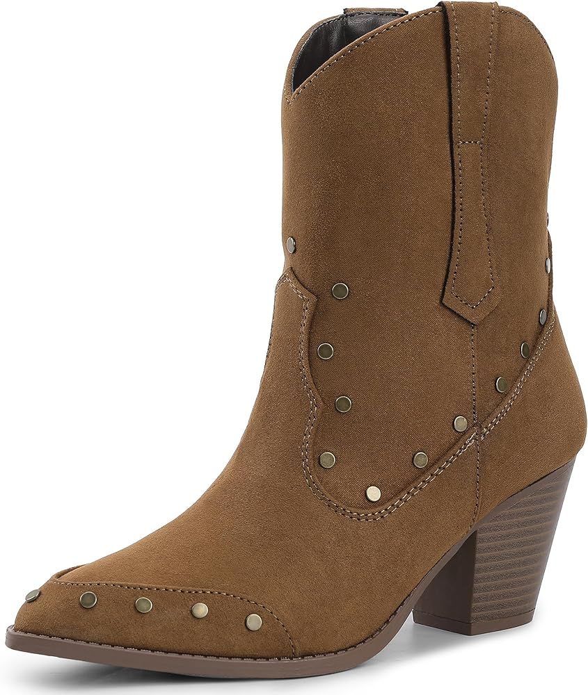 shoeslocker Women's The Western Wear Cowgirl Low Heel Fashion Ankle Shaft Boot Bootie | Amazon (US)