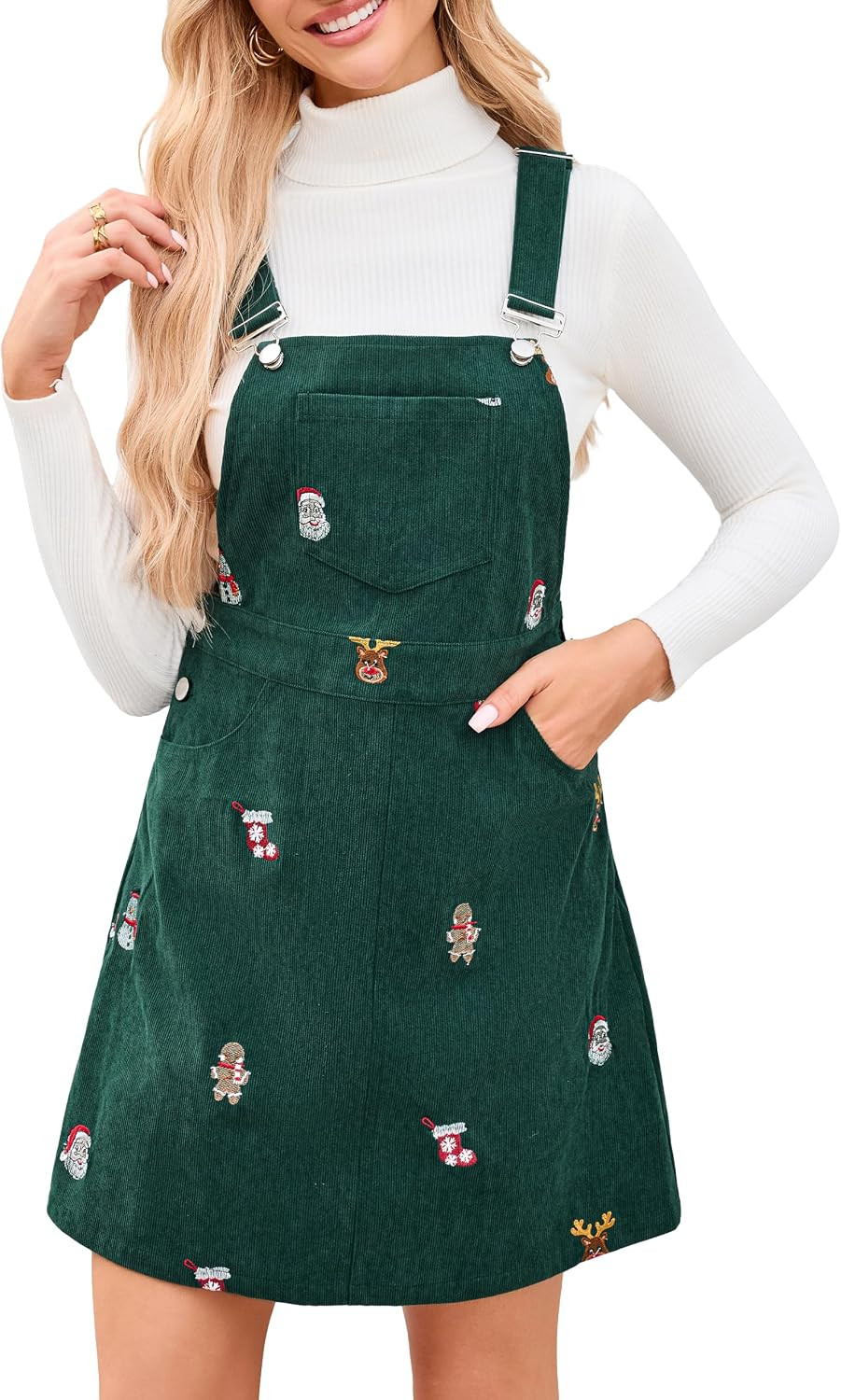 Women Embroidered Corduroy Mini Pinafore Dress Adjustable Strap Christmas | Amazon (US)