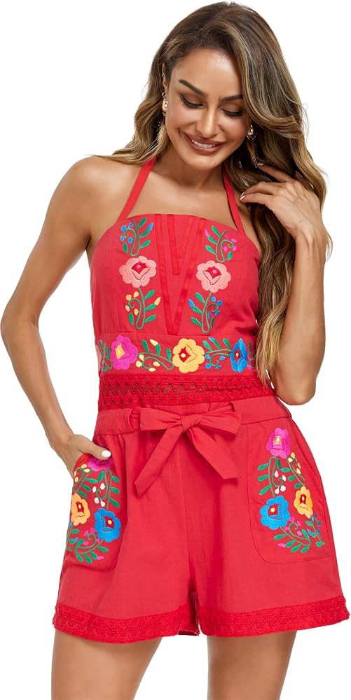 Rompers for Women Summer Boho Embroidered Floral Sleeveless Halter Flowy Casual Tank Top Short Ju... | Amazon (US)