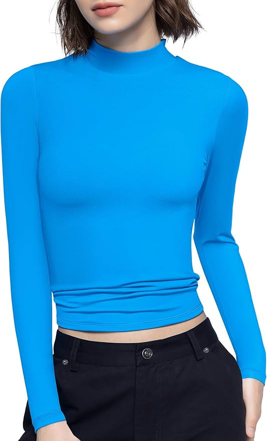 PUMIEY Women's Long Sleeve T Shirts Mock Turtleneck Slim Fit Tops Sexy Basic Tee Smoke Cloud Pro ... | Amazon (US)